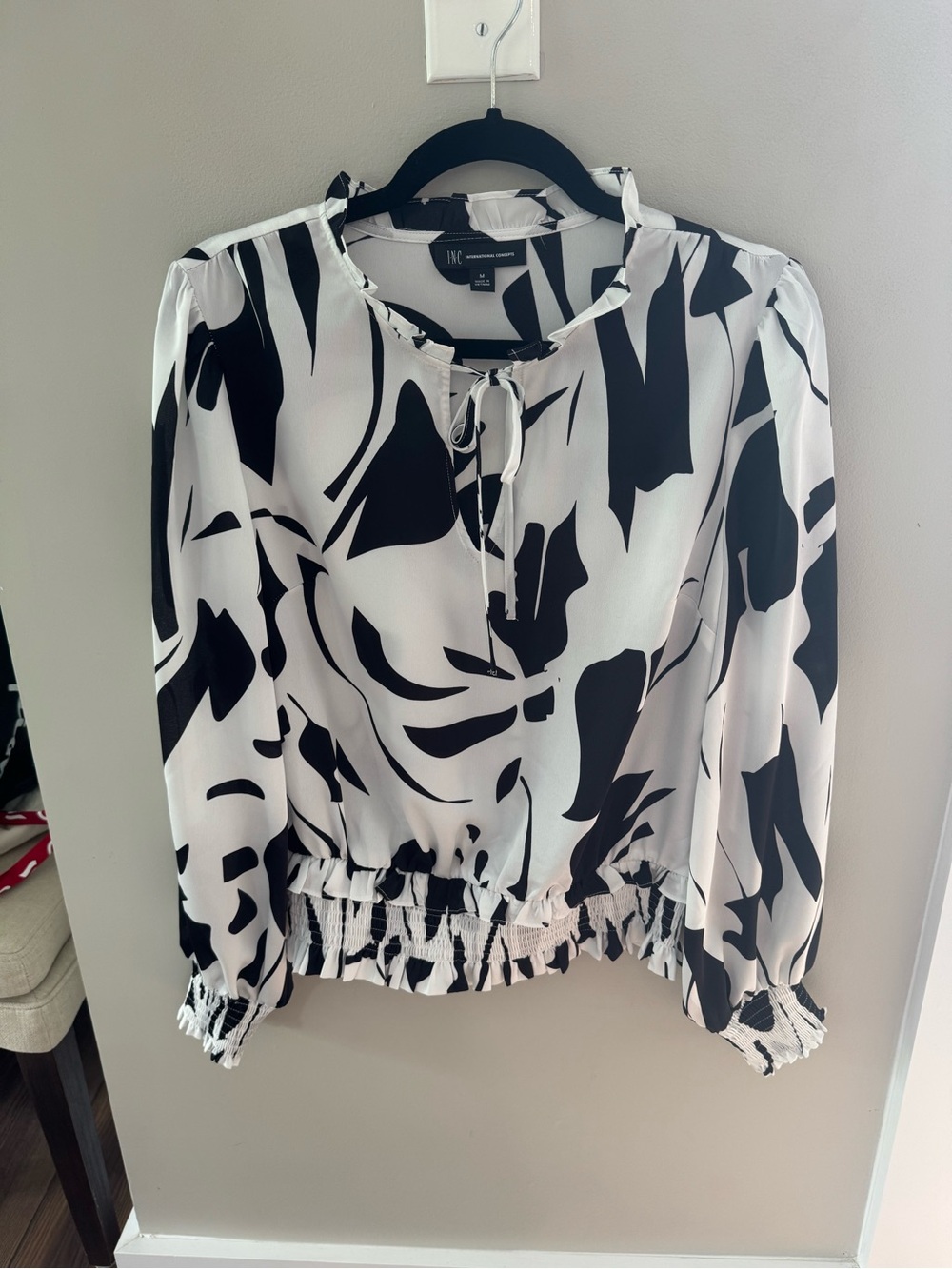 INC International Concepts Black and White Abstract Tie-Neck Blouse